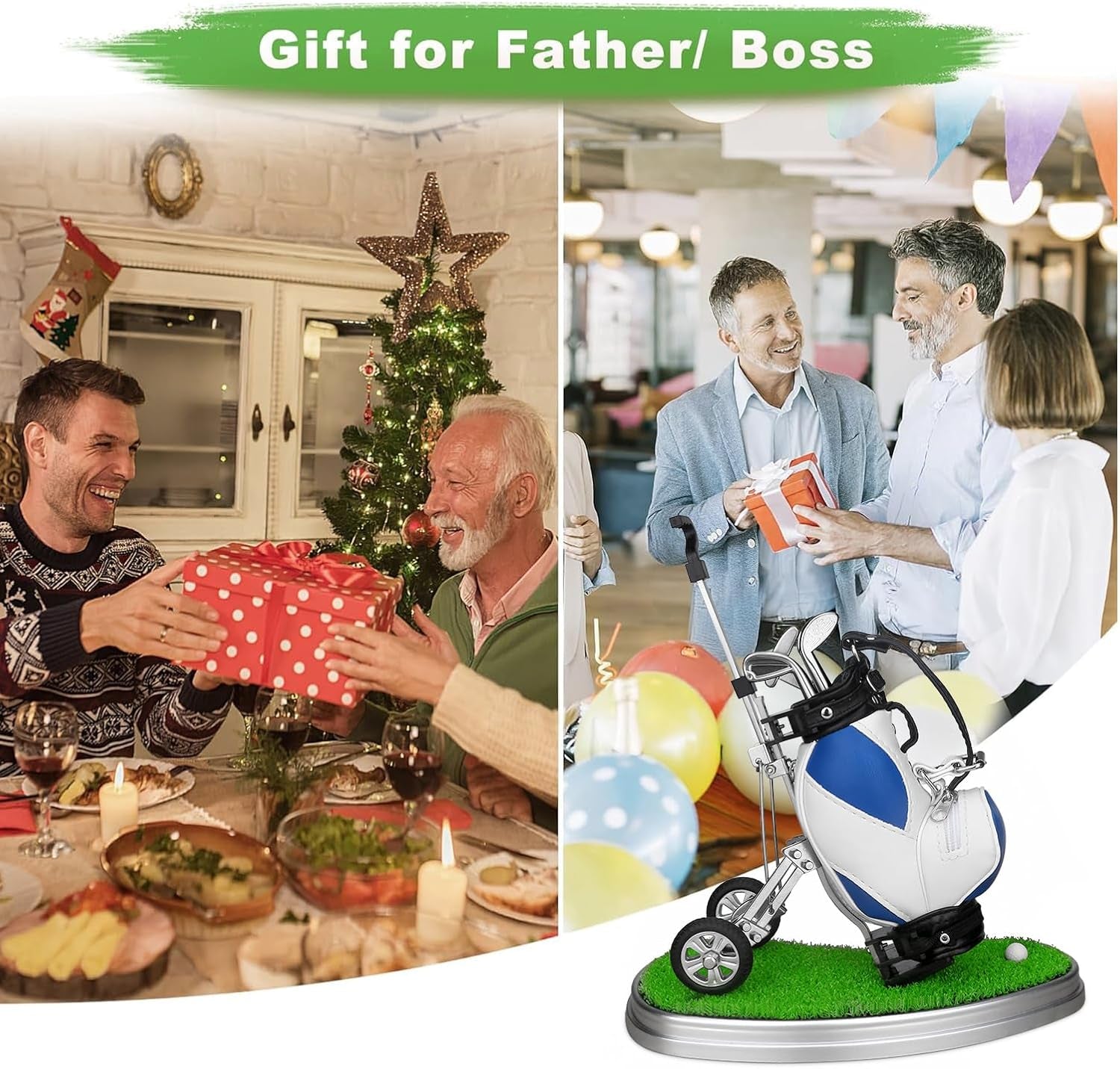 Craques golf gifts for men featuring a golf bag and trolley with festive gift giving scenes