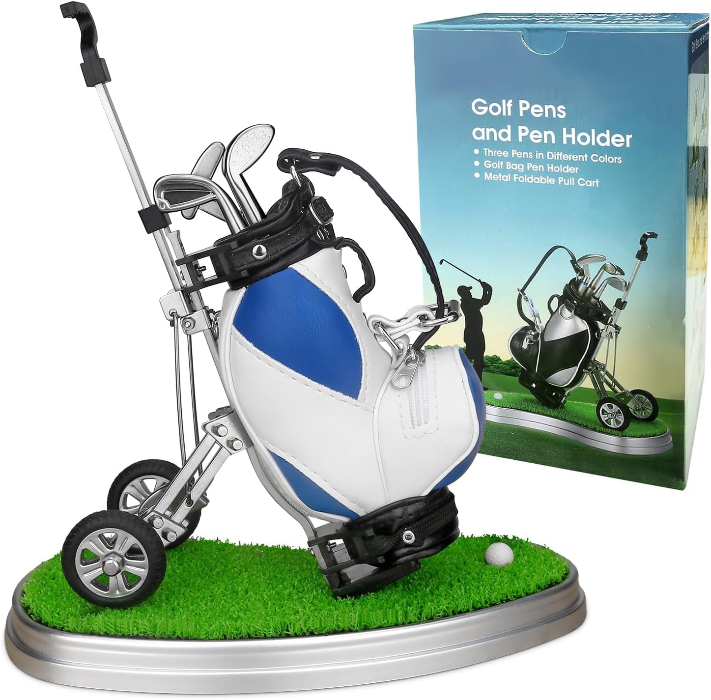 Golf pens and pen holder set shaped like a golf bag with clubs on a miniature golf cart golf gifts for men