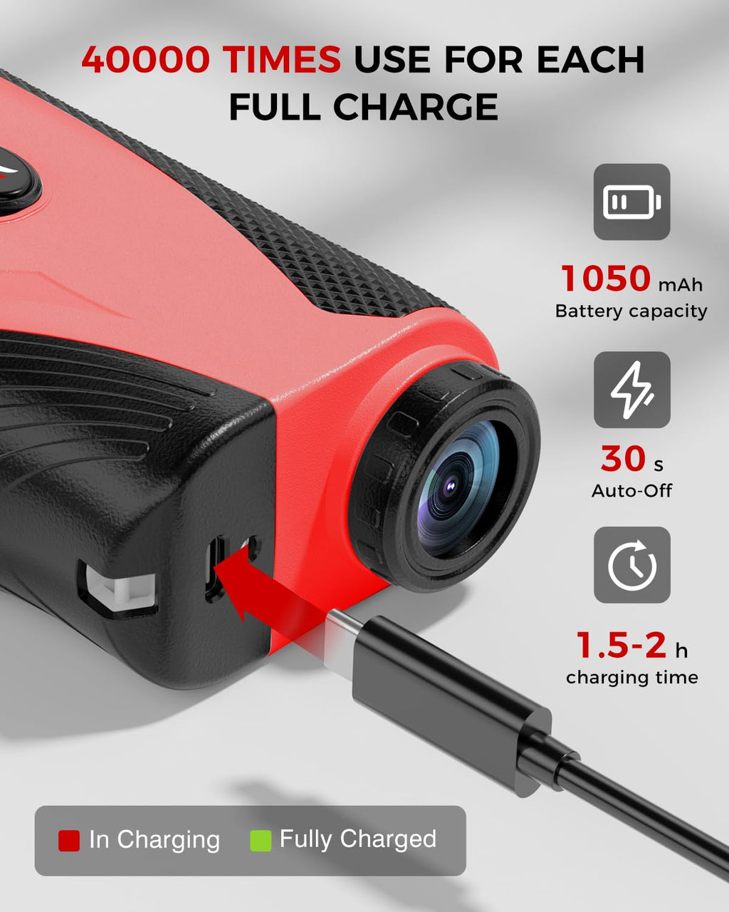 Craques golf rangefinder with slope showing USB charging port and battery specifications