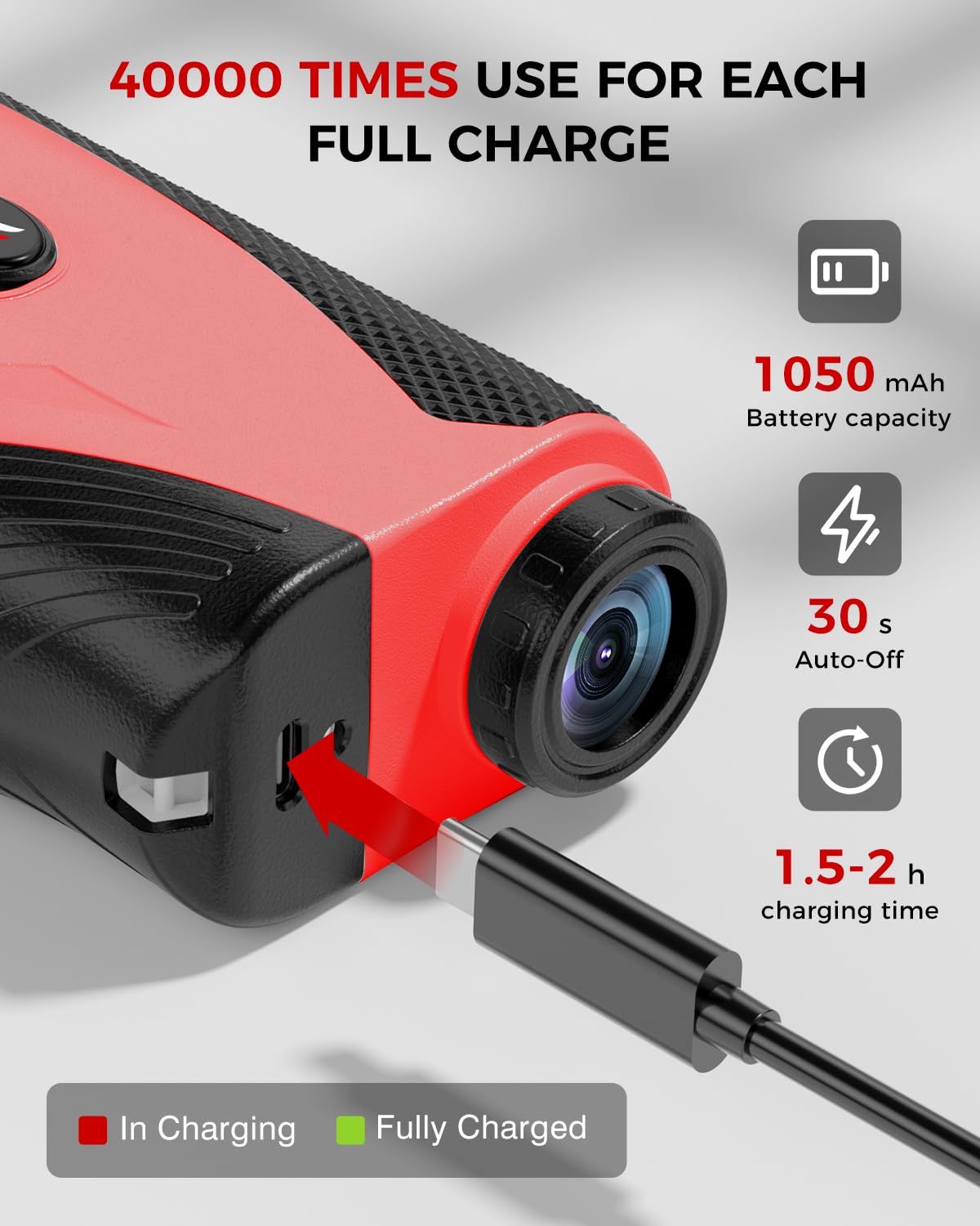 Craques golf rangefinder with slope showing USB charging port and battery specifications