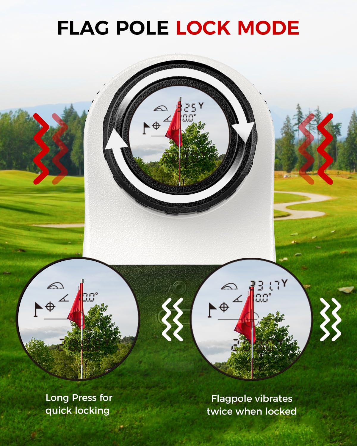 craques golf rangefinder with slope showing flag pole lock mode and vibration alerts on green golf course