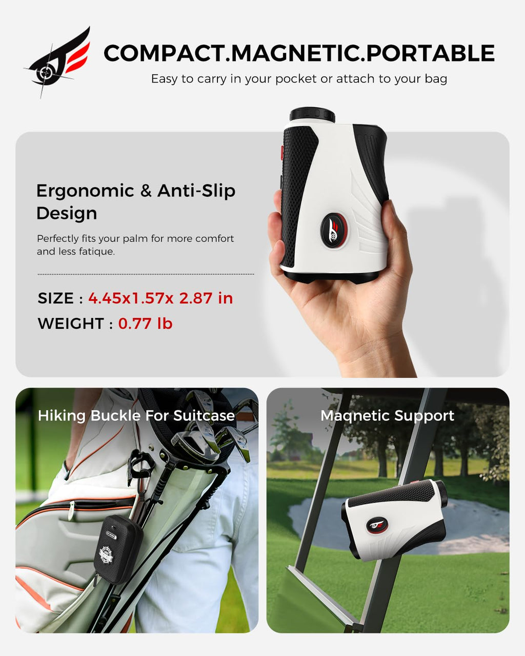 Craques golf rangefinder with slope handheld compact ergonomic design with magnetic support and hiking buckle