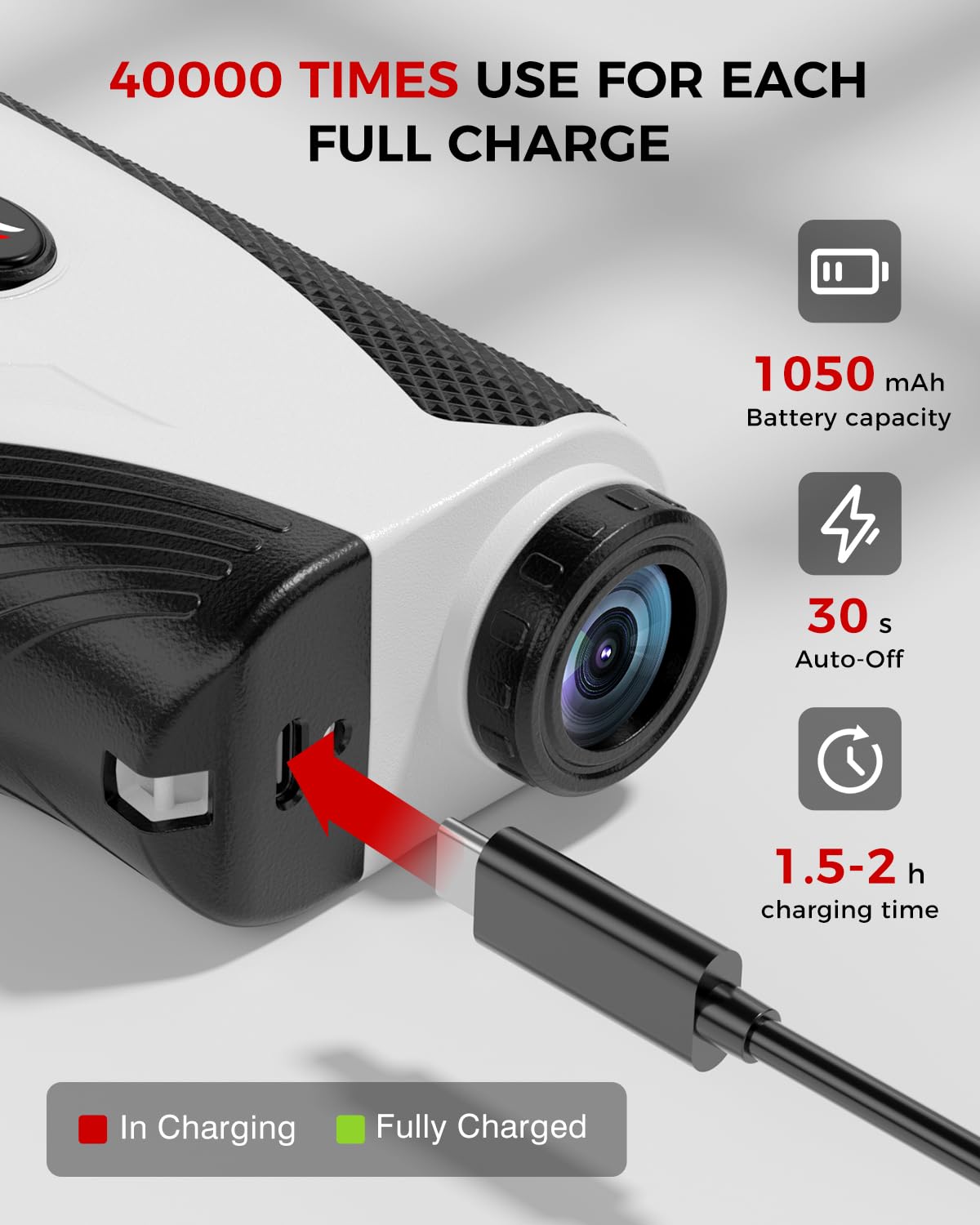 Close-up of craques golf rangefinder with slope showing charging port and battery features