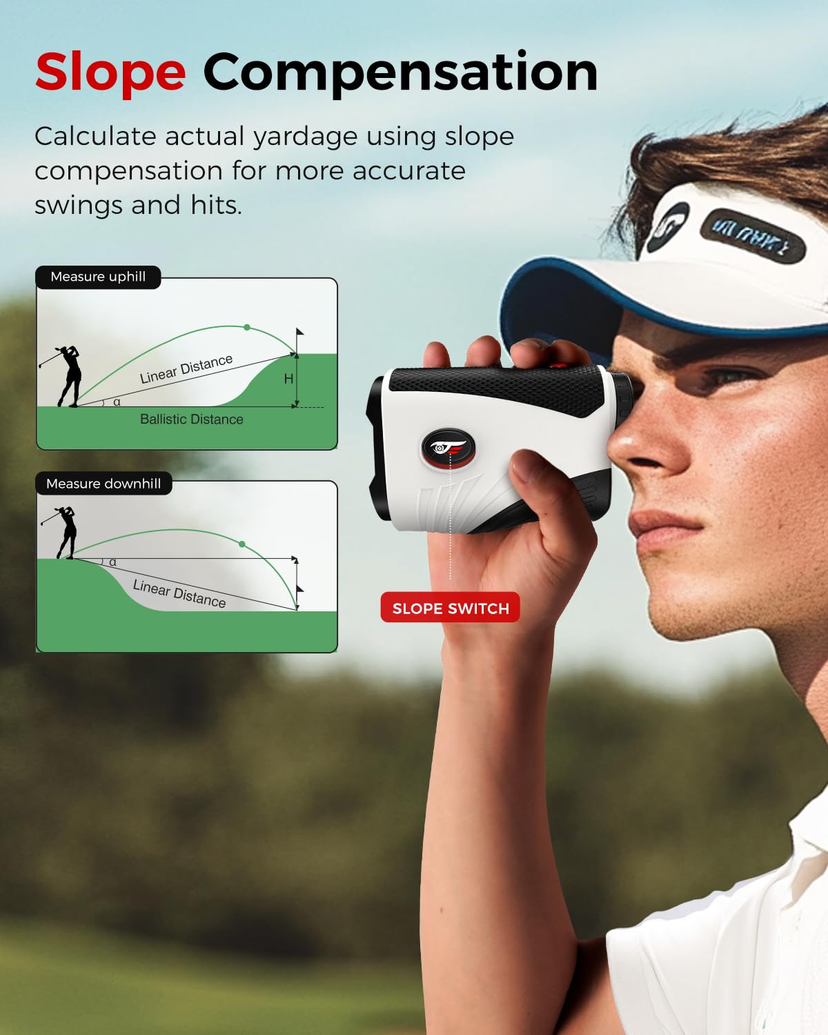 Craques golf rangefinder with slope feature showing slope compensation for accurate yardage measurement