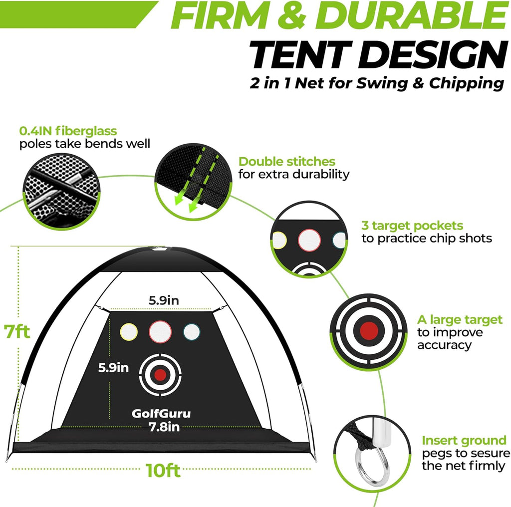 Indoor golf practice net with firm durable tent design featuring 3 target pockets and fiberglass poles