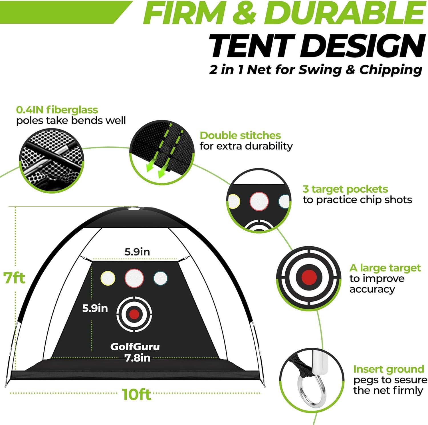 Indoor golf practice net with firm durable tent design featuring 3 target pockets and fiberglass poles
