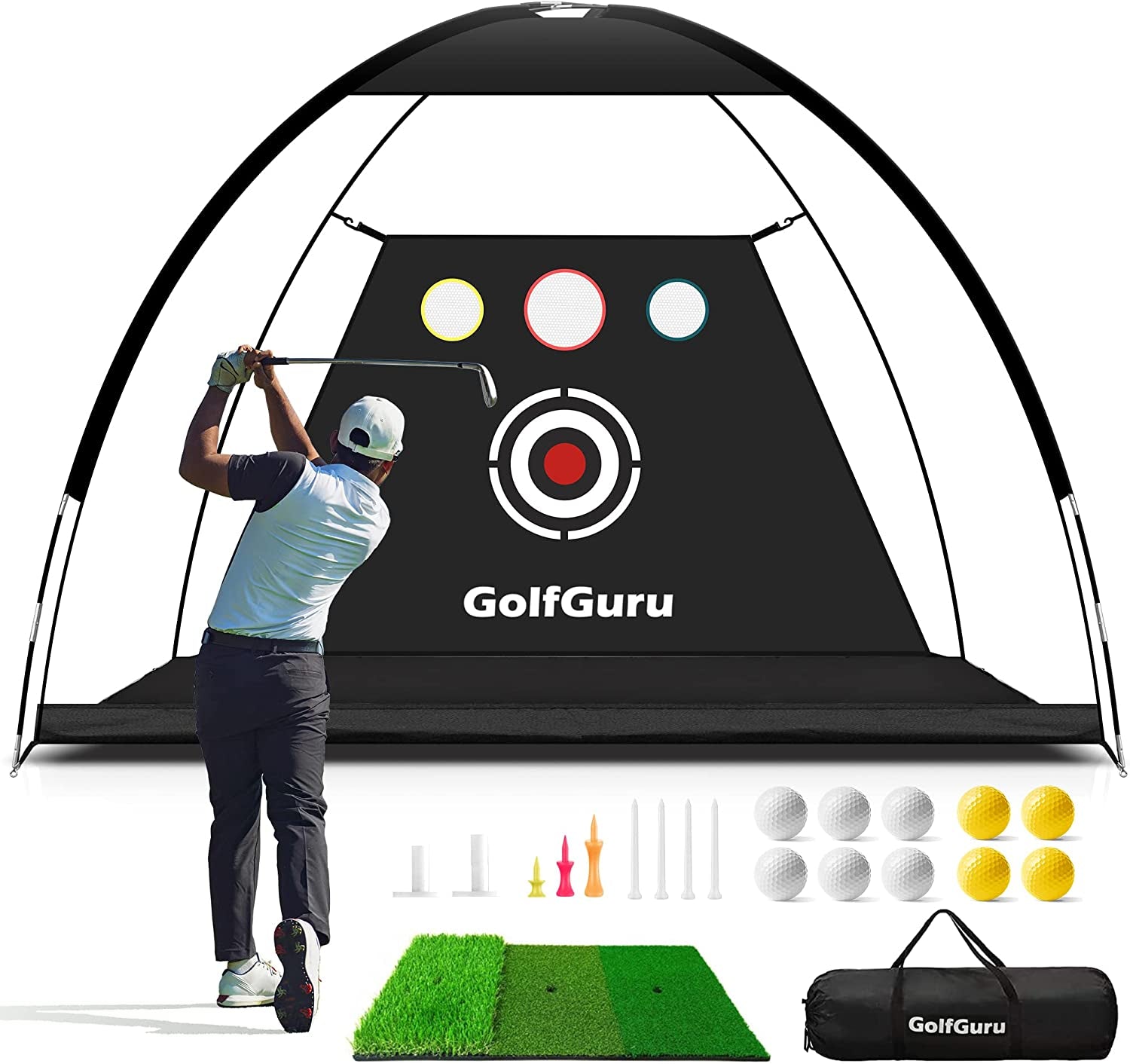 Craques indoor golf practice net setup with hitting mat, golf balls, tees, and carrying bag