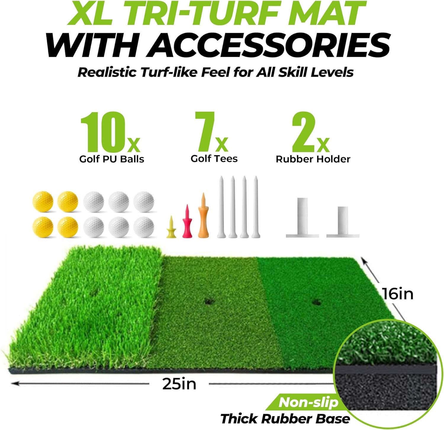 XL tri-turf mat with golf balls tees and rubber holders for indoor golf practice net use