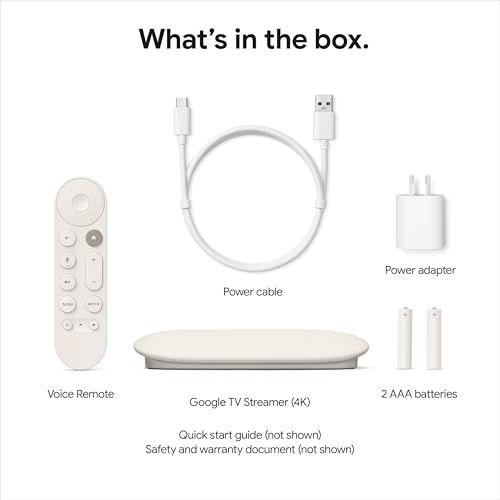 craques 4K Google TV streaming device with voice remote power adapter power cable and batteries