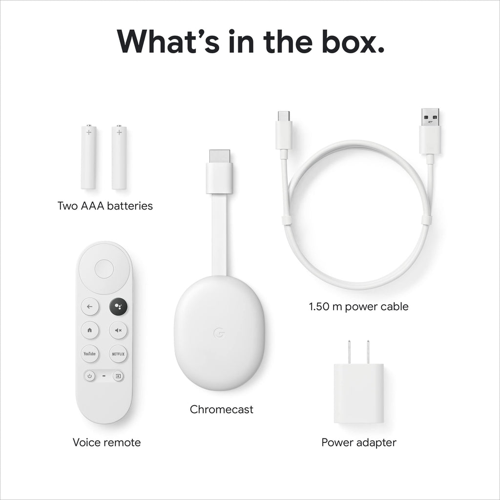 Contents of craques 4K Google TV streaming device box including Chromecast, voice remote, batteries, power cable, and adapter