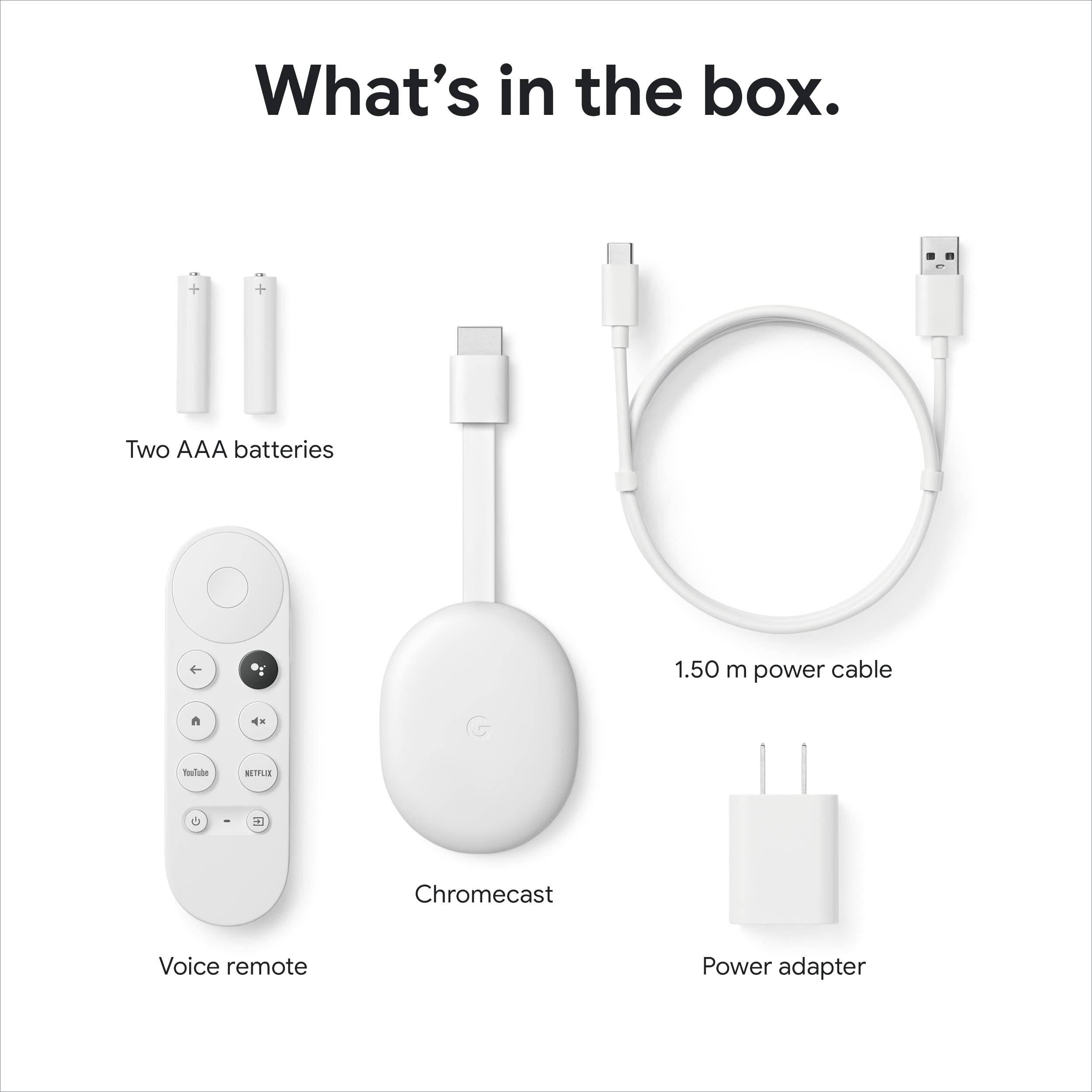 Contents of craques 4K Google TV streaming device box including Chromecast, voice remote, batteries, power cable, and adapter