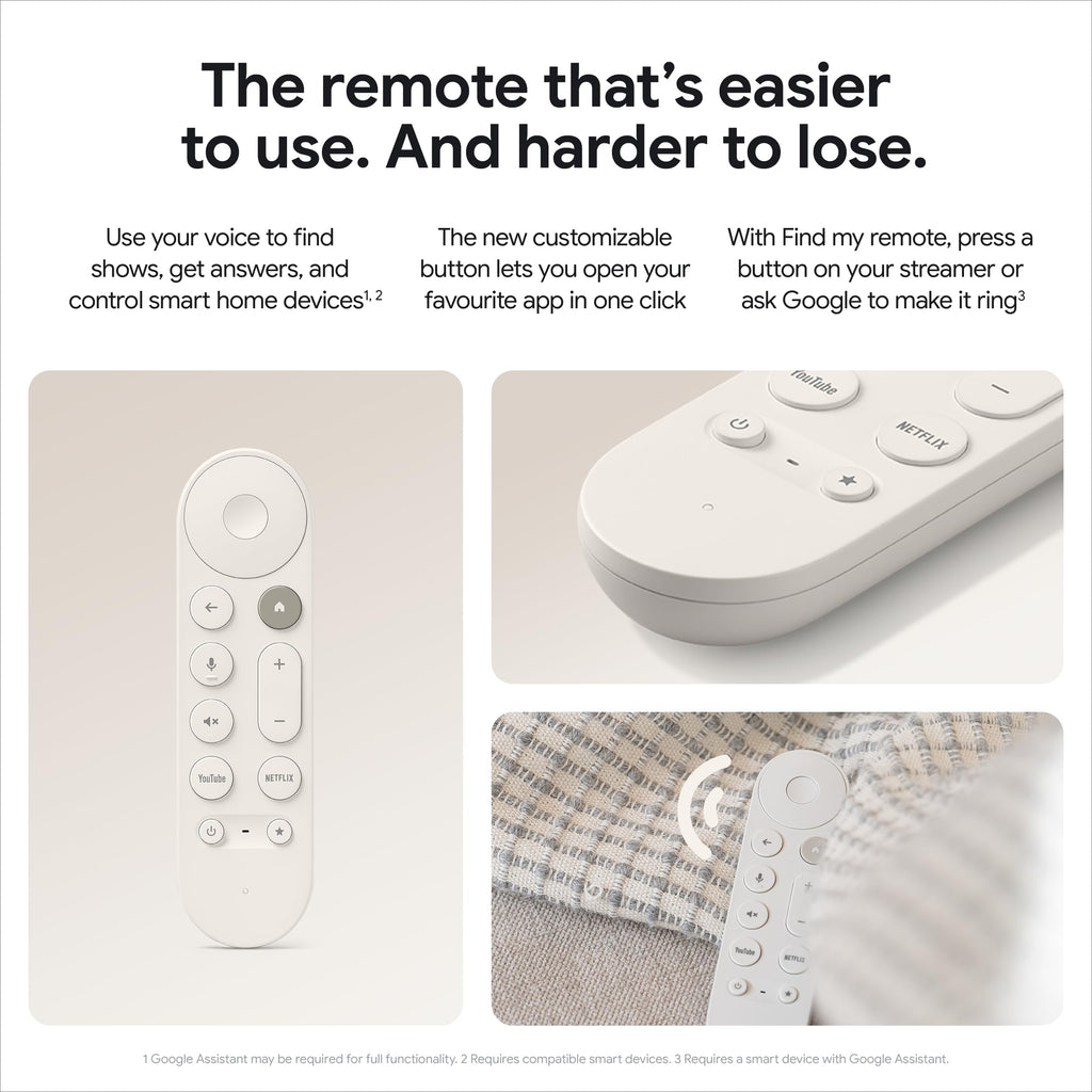 White 4K Google TV streaming device remote control with voice command and customizable buttons