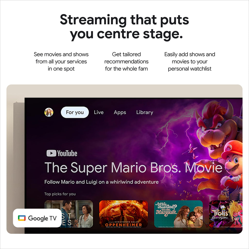 4K Google TV streaming device interface showing The Super Mario Bros Movie and app options