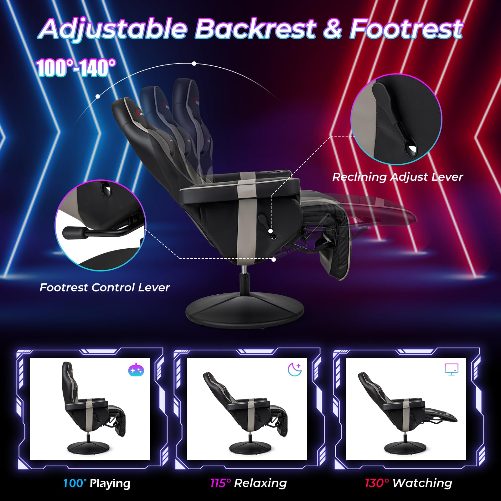 Massage gaming chair for adults with adjustable backrest and footrest reclining from 100 to 140 degrees