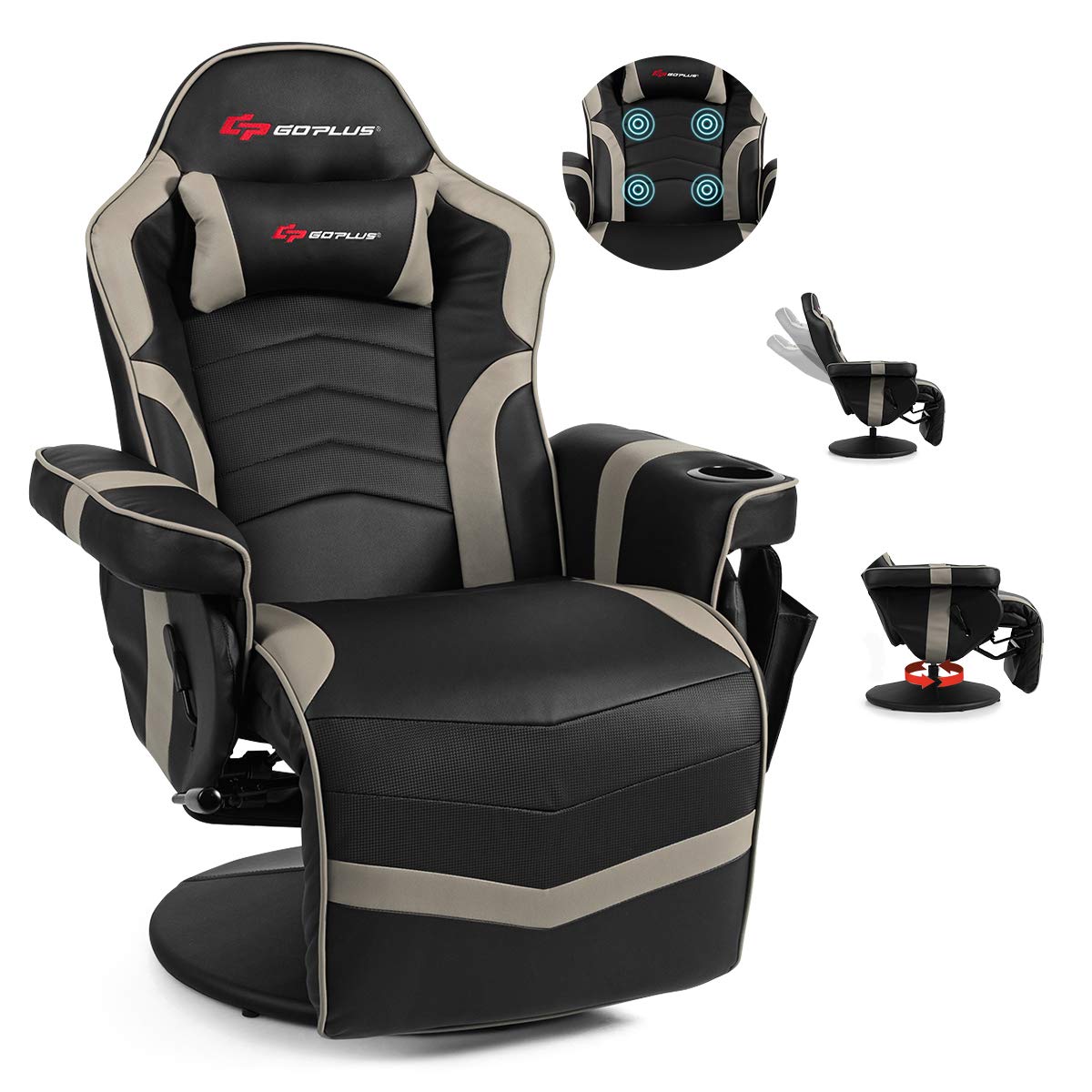 Craques massage gaming chair for adults in black and gray with lumbar support and cup holder