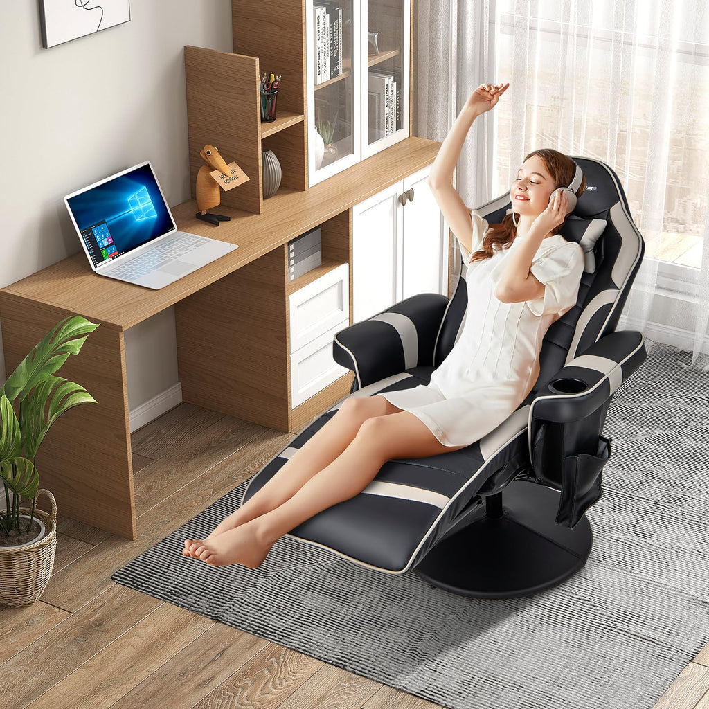 Woman relaxing in black and white massage gaming chair for adults in modern living room