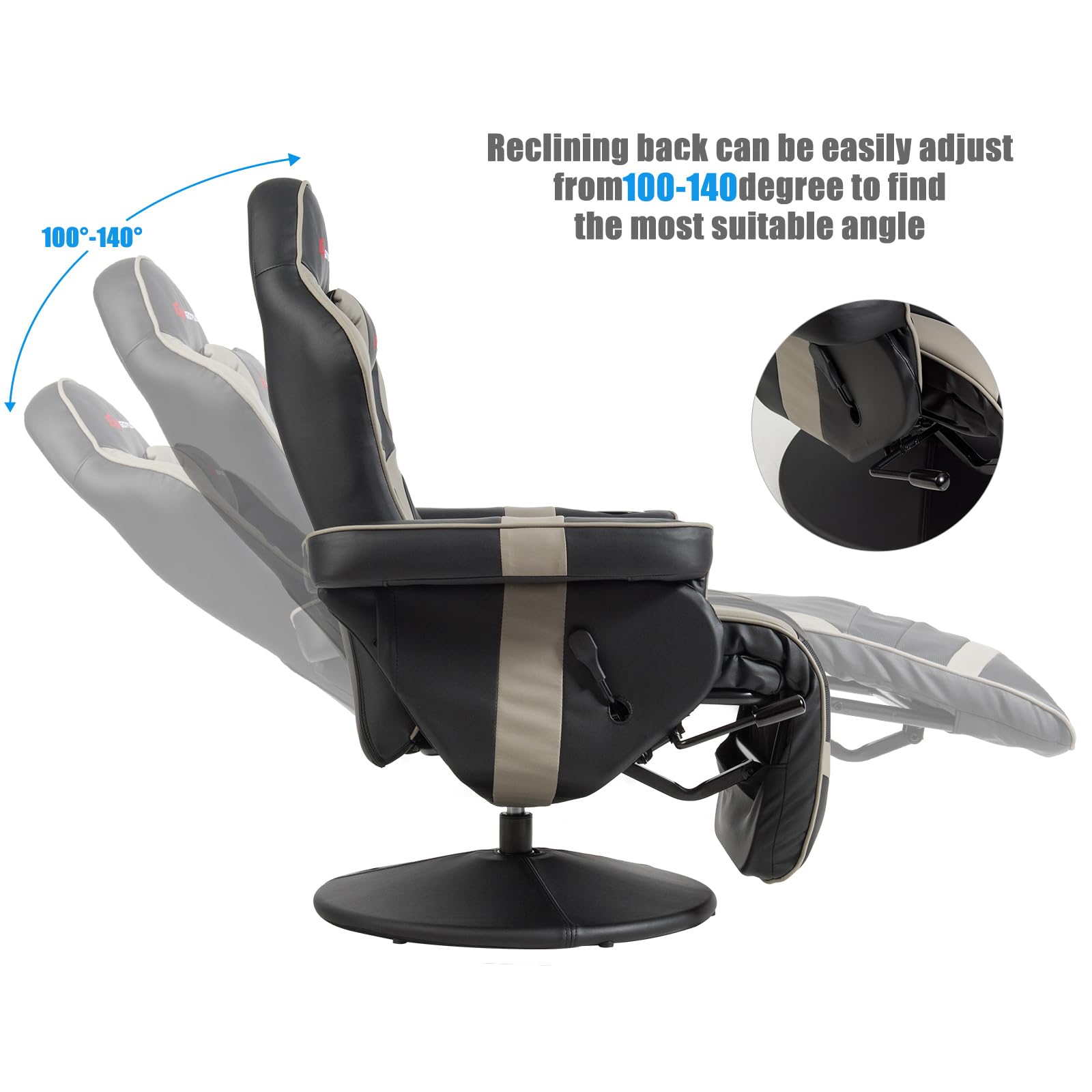 Massage gaming chair for adults with adjustable reclining back from 100 to 140 degrees