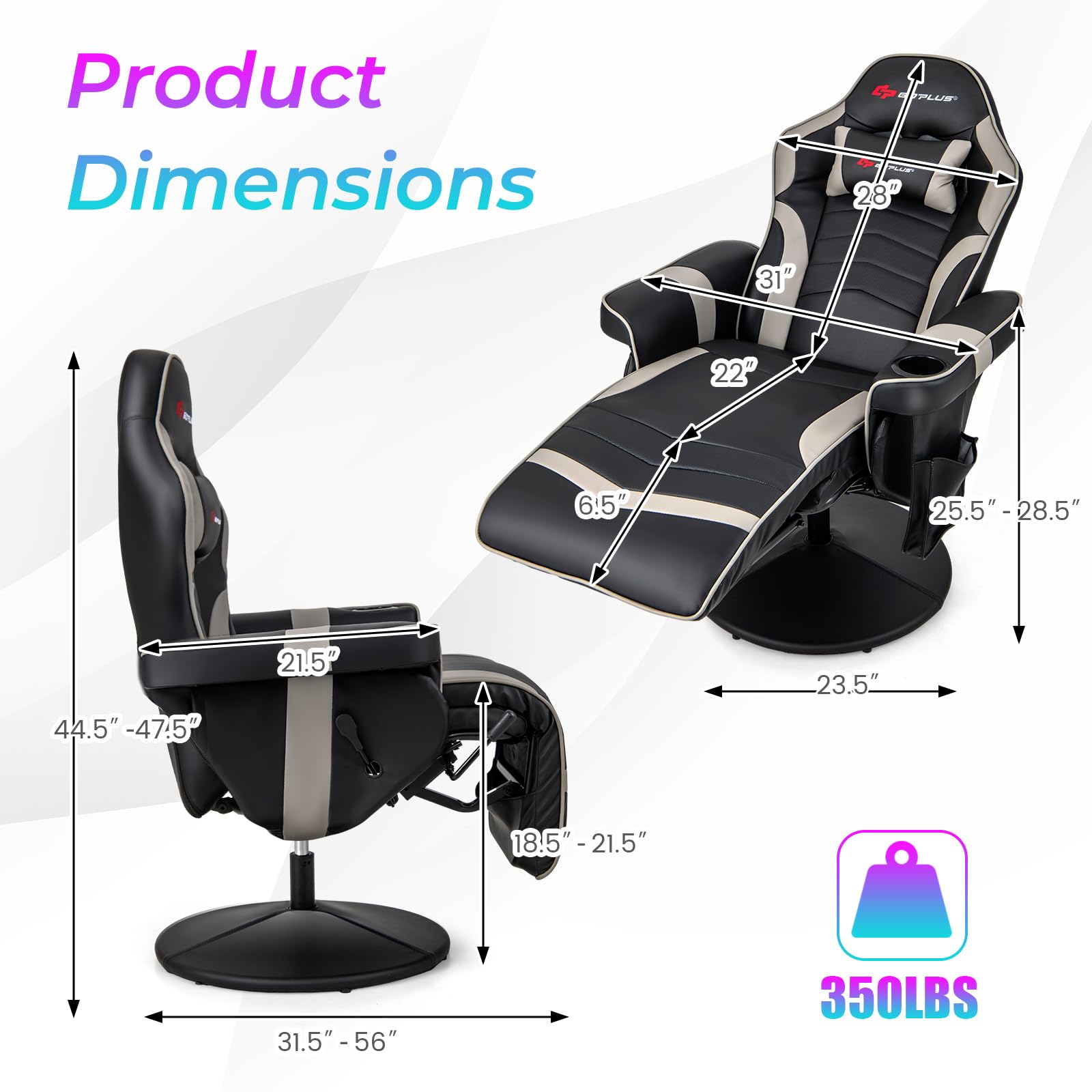 CRAQUES massage gaming chair for adults in black with beige accents showing detailed dimensions and weight capacity