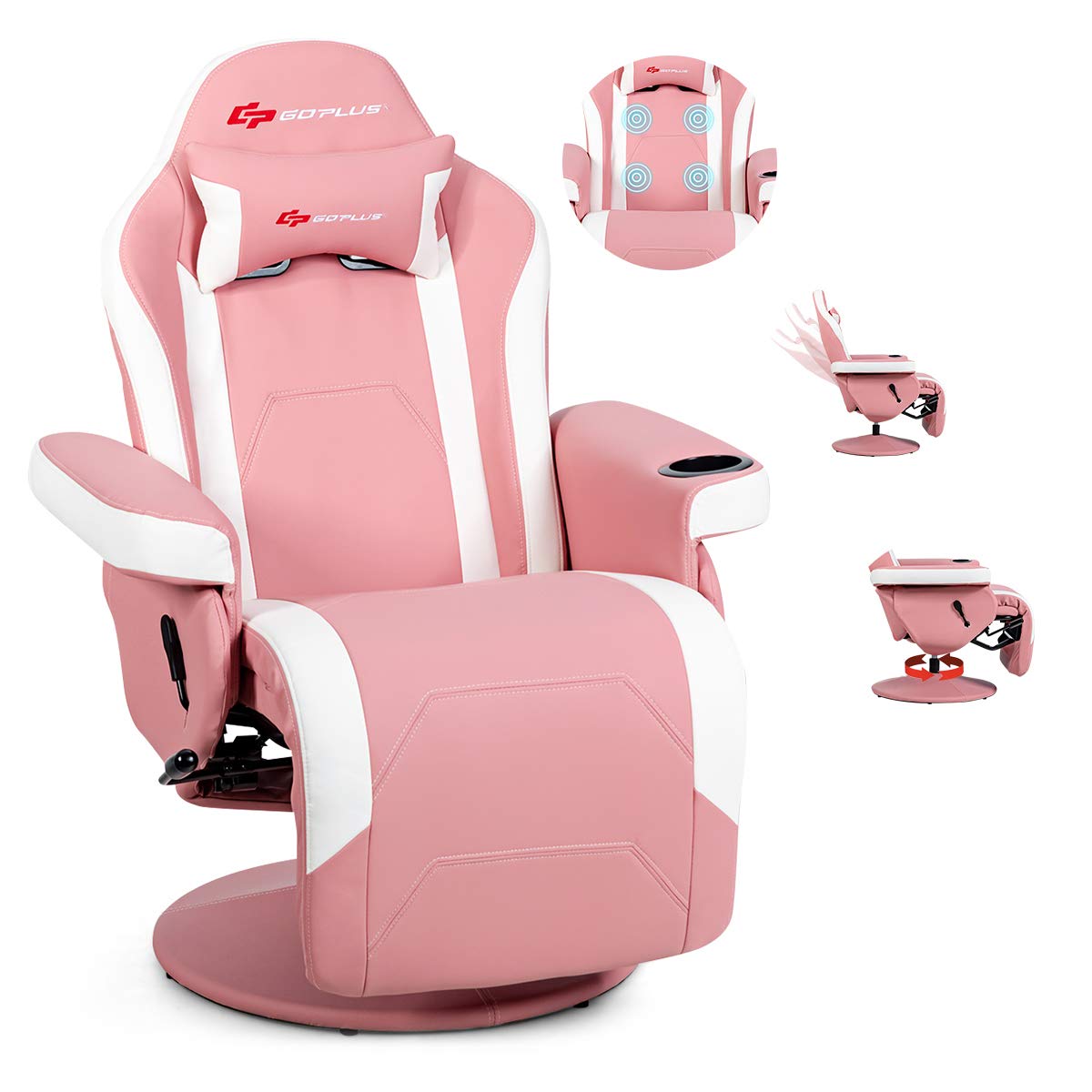 Pink and white massage gaming chair for adults with adjustable recline and footrest by craques