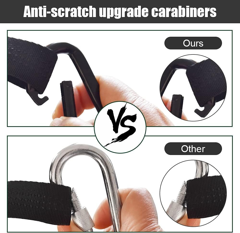 Close-up of anti-scratch upgrade carabiners on a double camping hammock with straps comparing ours to others
