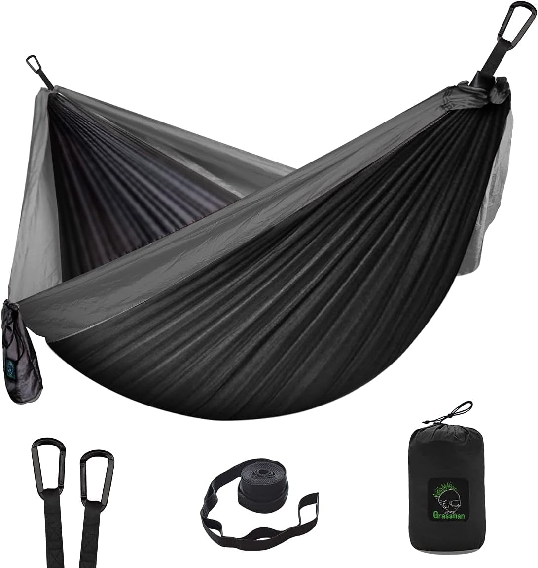 Craques double camping hammock with straps in black and gray including carabiners and carrying bag
