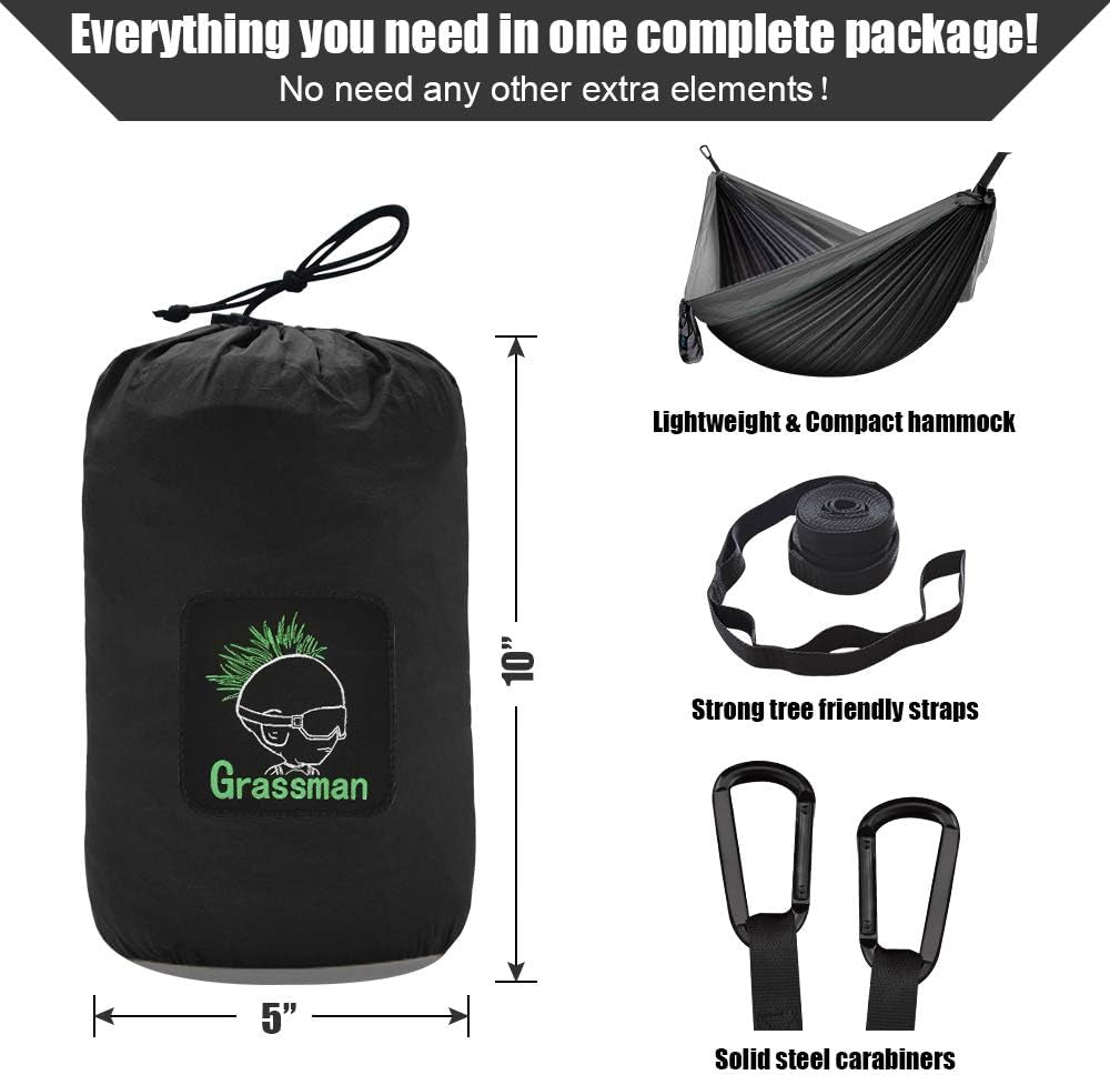 Double camping hammock with straps lightweight compact hammock strong tree friendly straps solid steel carabiners