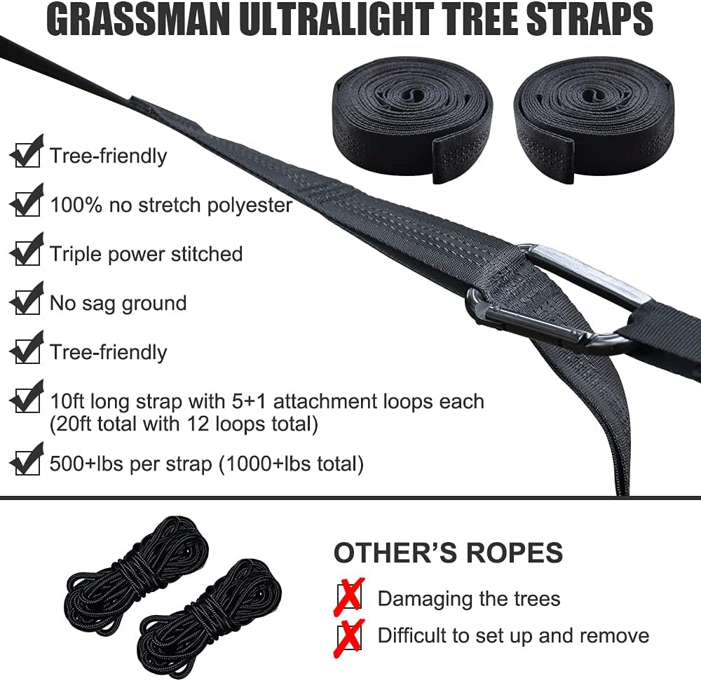 Grassman ultralight tree straps made of no stretch polyester for double camping hammock with straps