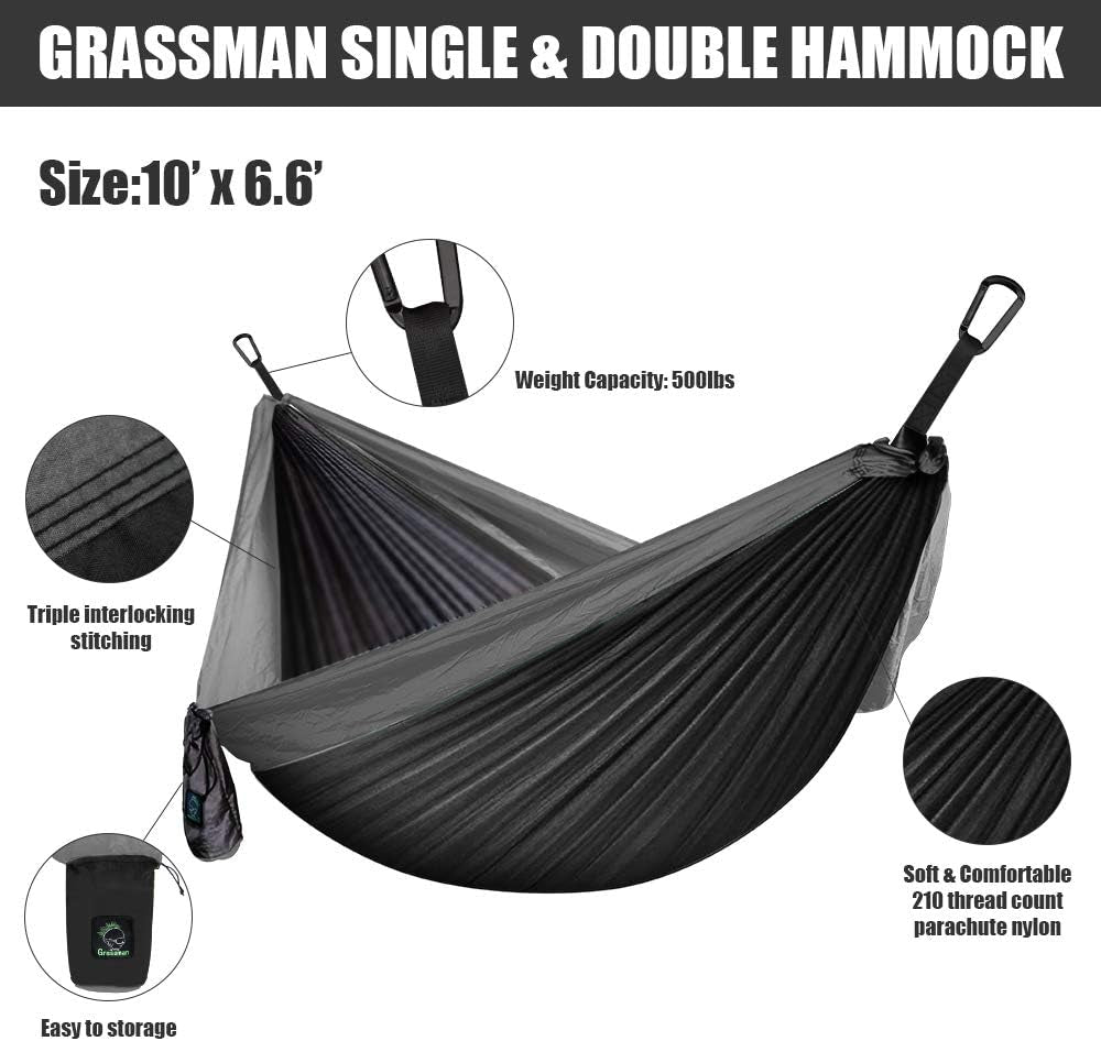 Craques double camping hammock with straps in black nylon parachute fabric with triple stitching and 500lb capacity