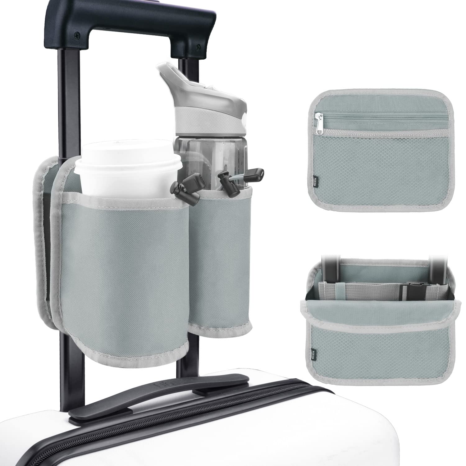 Craques travel cup holder for luggage in gray attached to suitcase handle holding two drink bottles