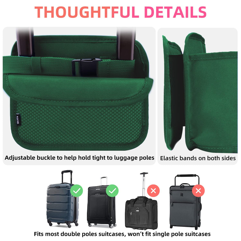 Green travel cup holder for luggage with adjustable buckle and elastic bands fitting double pole suitcases