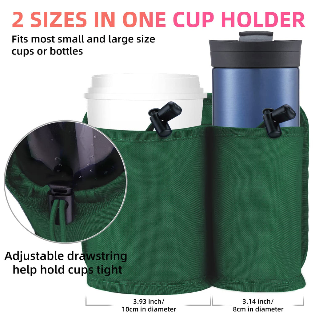 Green travel cup holder for luggage with two sizes and adjustable drawstring holding a white cup and blue bottle