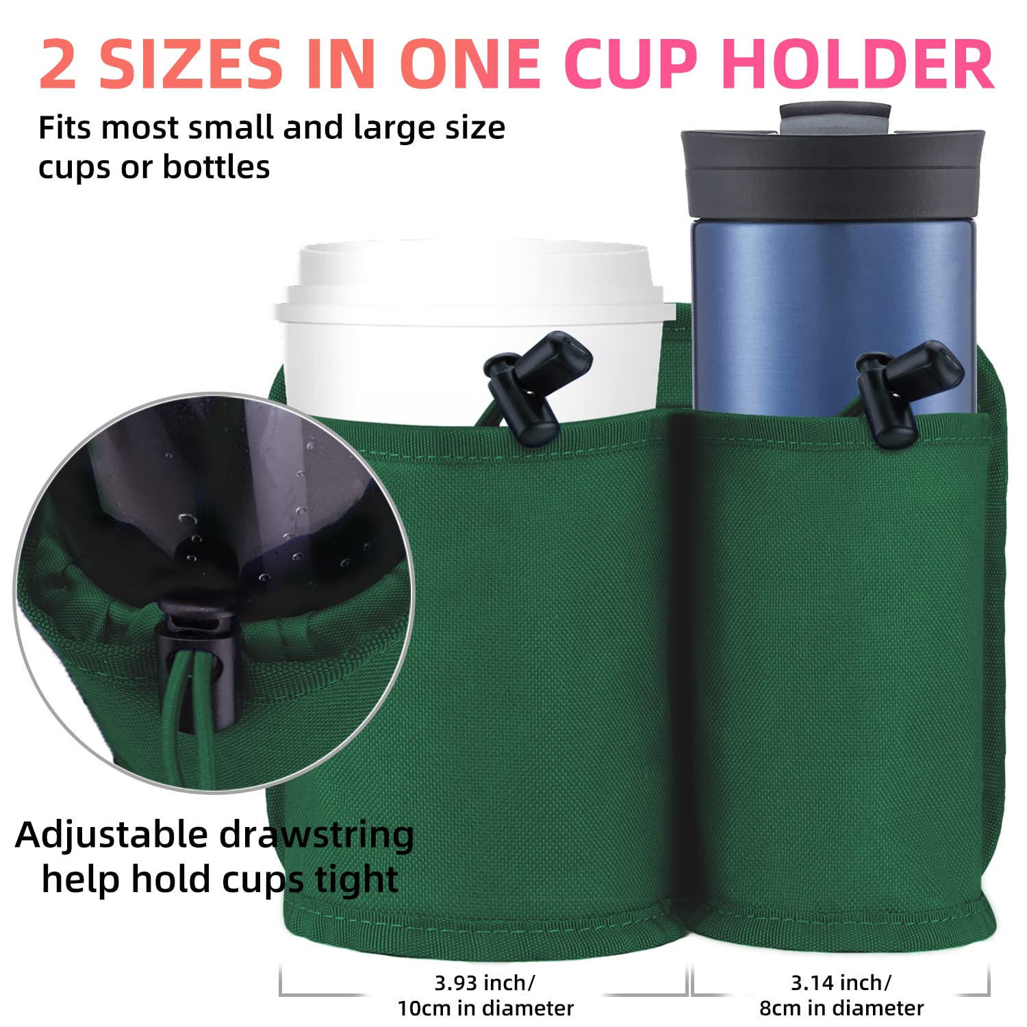 Green travel cup holder for luggage with two sizes and adjustable drawstring holding a white cup and blue bottle