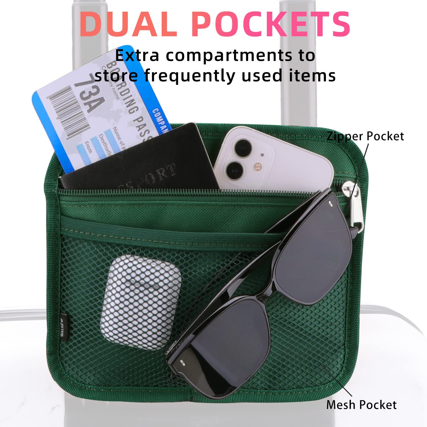 Green travel cup holder for luggage with dual pockets holding passport, phone, sunglasses, AirPods, and boarding pass