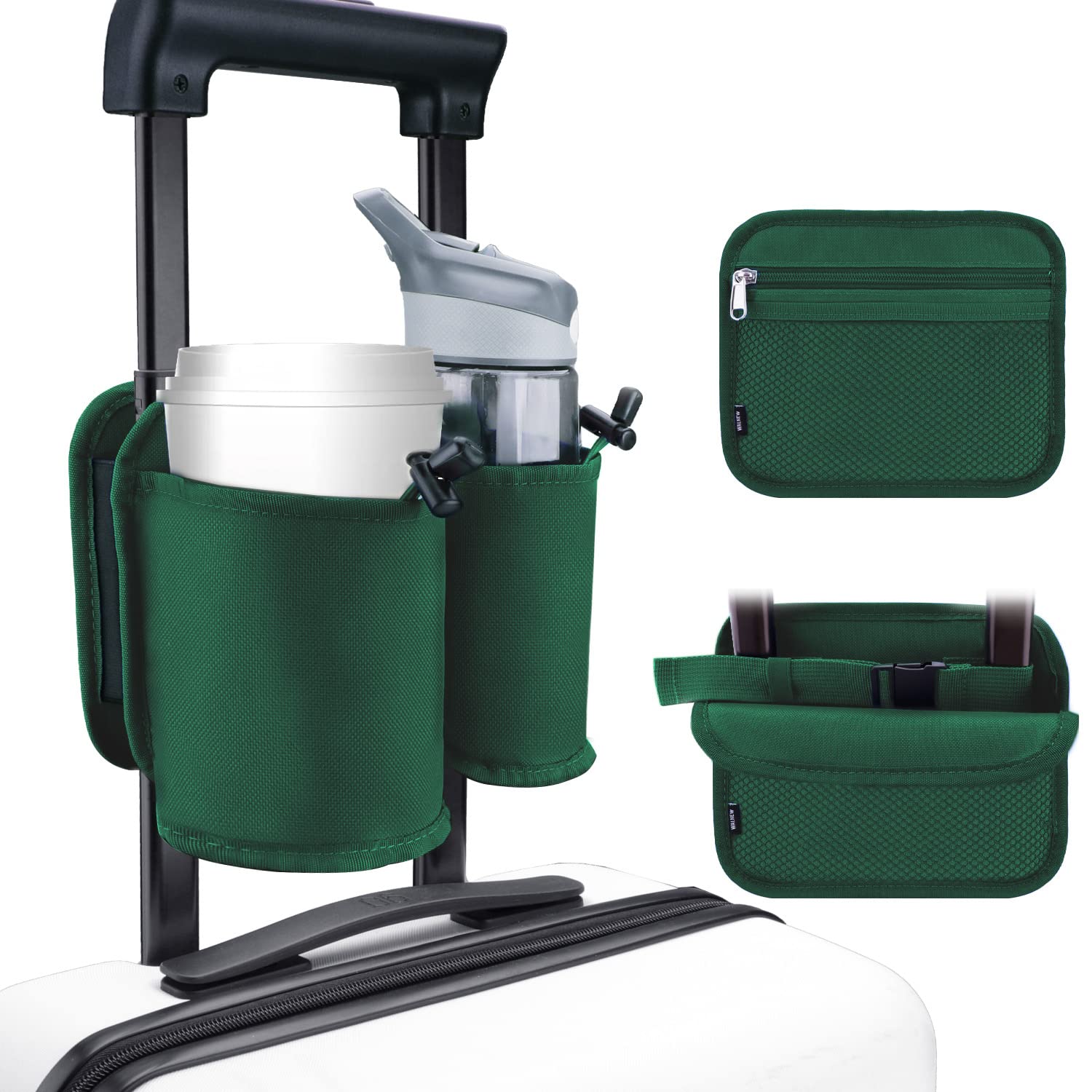 Green travel cup holder for luggage by craques with double pockets and zippered storage attached to suitcase handle