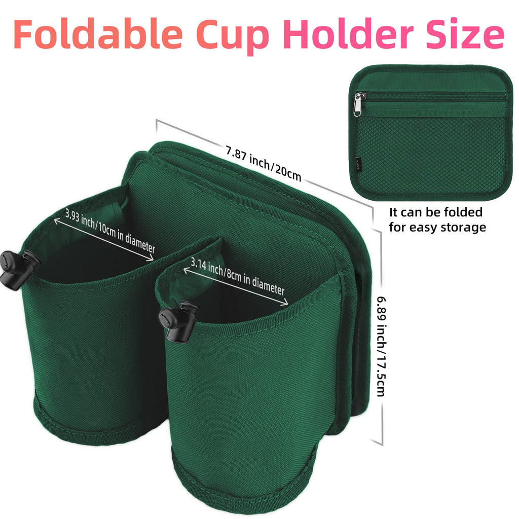 Green foldable travel cup holder for luggage with two compartments and zipper storage pouch