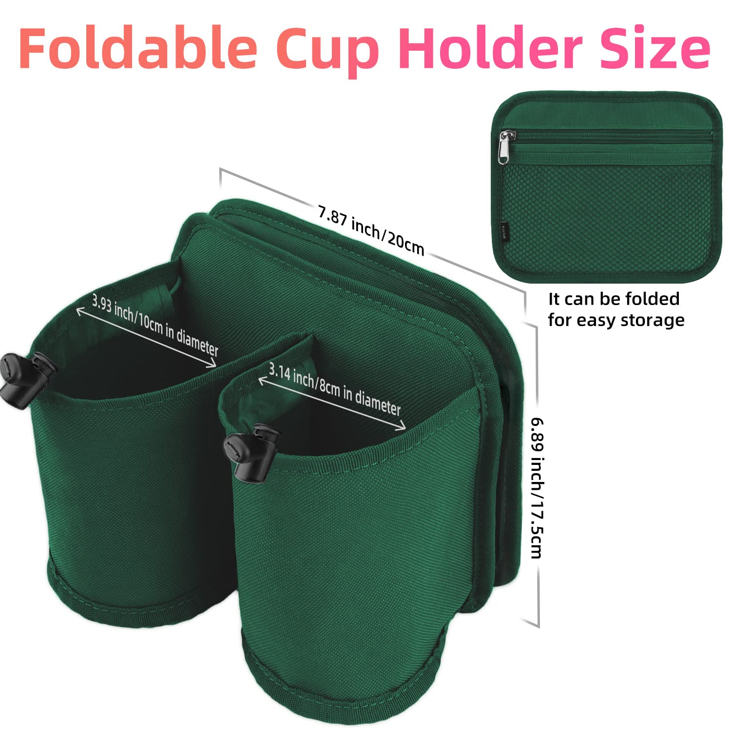 Green foldable travel cup holder for luggage with two compartments and zipper storage pouch