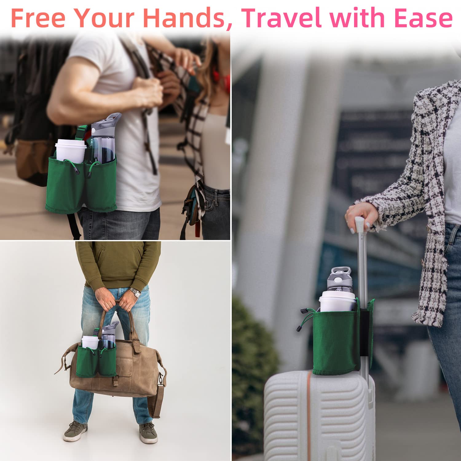 Green travel cup holder for luggage attached to backpack, handbag, and suitcase for hands-free convenience