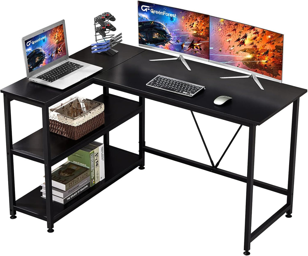 Craques L shaped gaming desk with shelves in black setup with laptop dual monitors keyboard and mouse