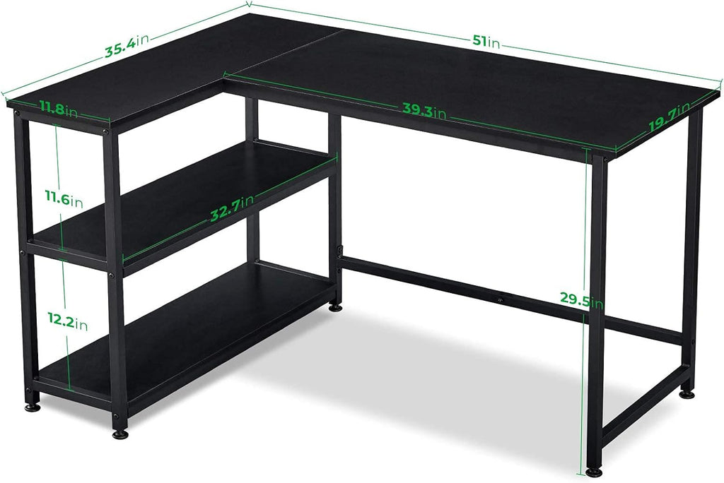 Craques L shaped gaming desk with shelves in black metal frame and wood surface with dimensions