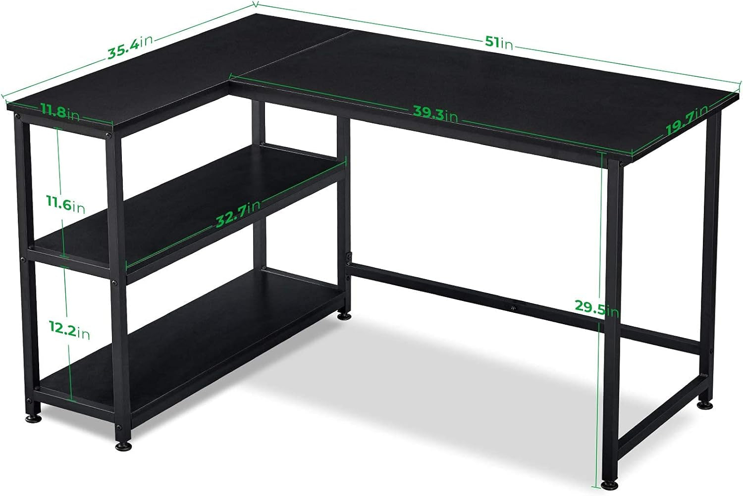 Craques L shaped gaming desk with shelves in black metal frame and wood surface with dimensions