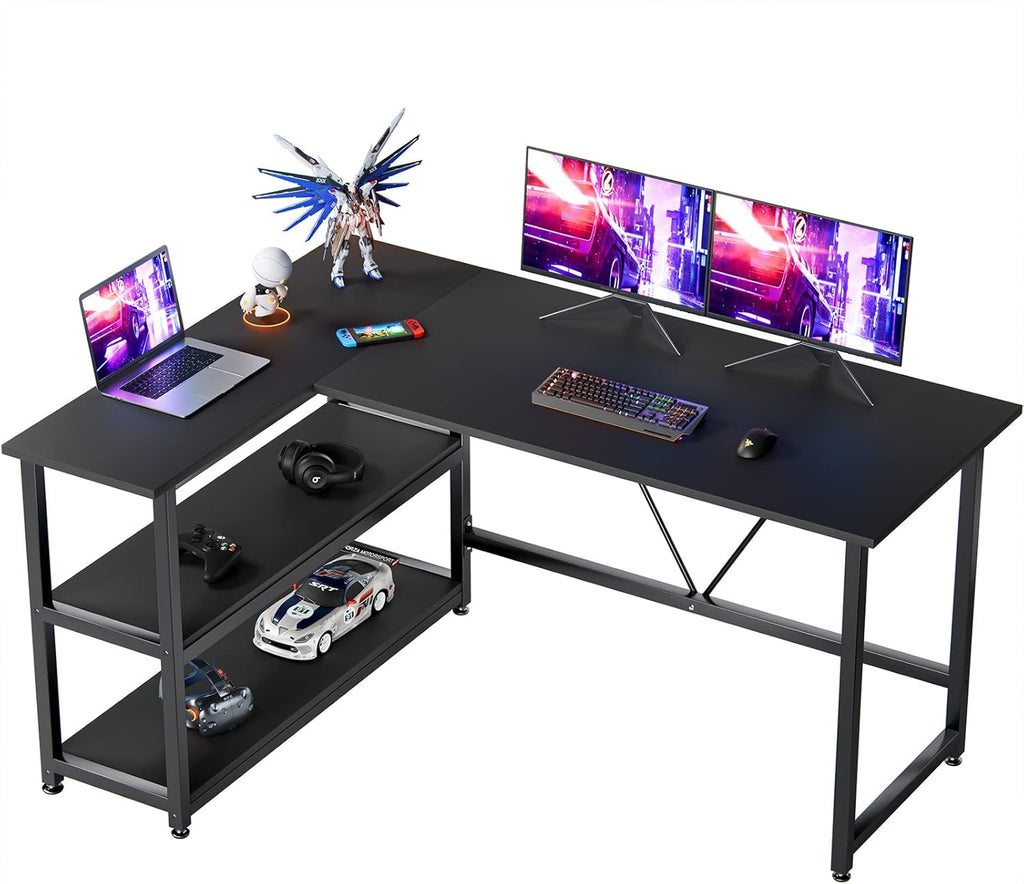 Craques L shaped gaming desk with shelves in black holding dual monitors laptop and gaming accessories