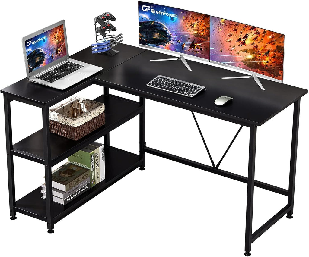 Craques L shaped gaming desk with shelves in black, featuring dual monitors, laptop, and storage space