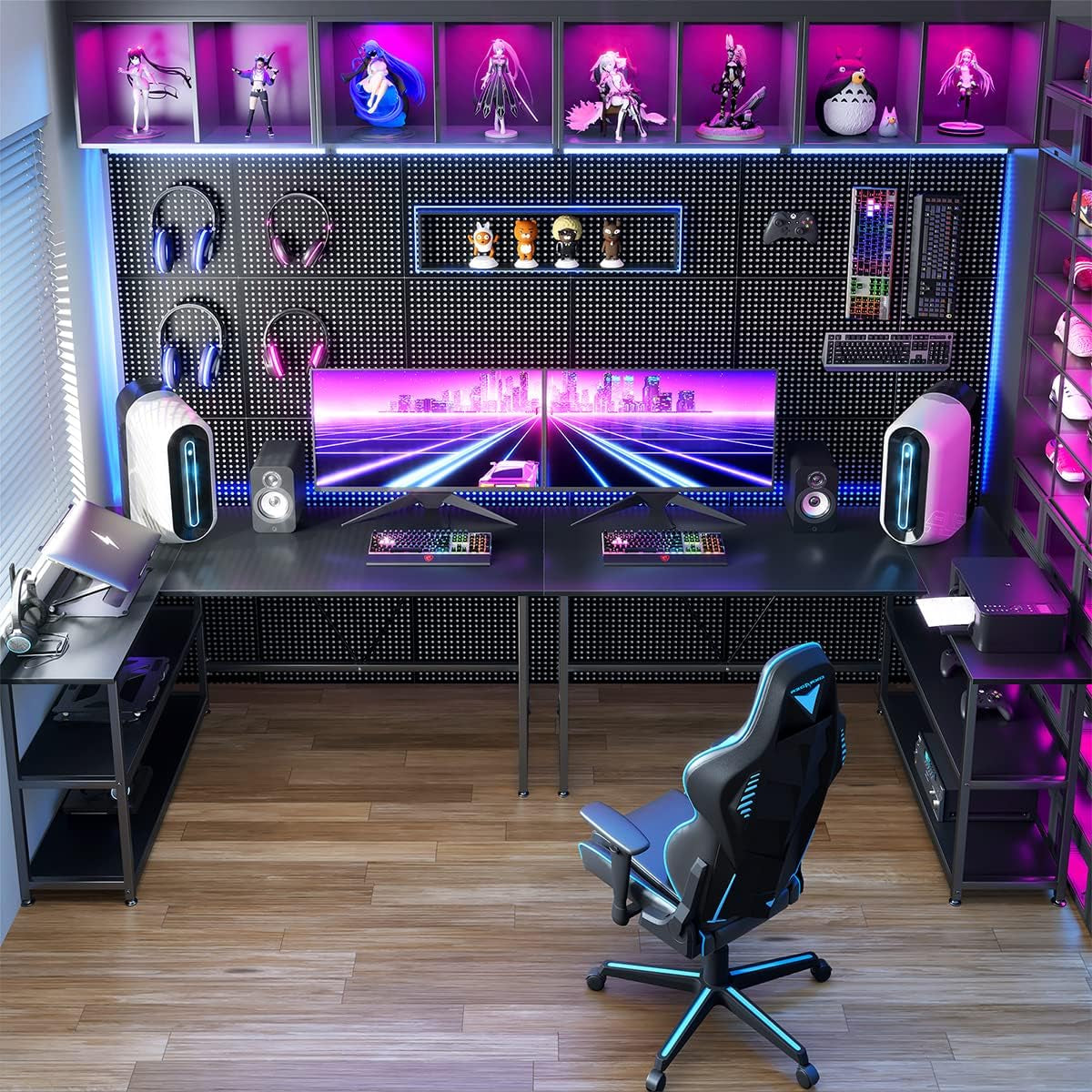 Craques L shaped gaming desk with shelves featuring dual monitors and RGB lighting setup