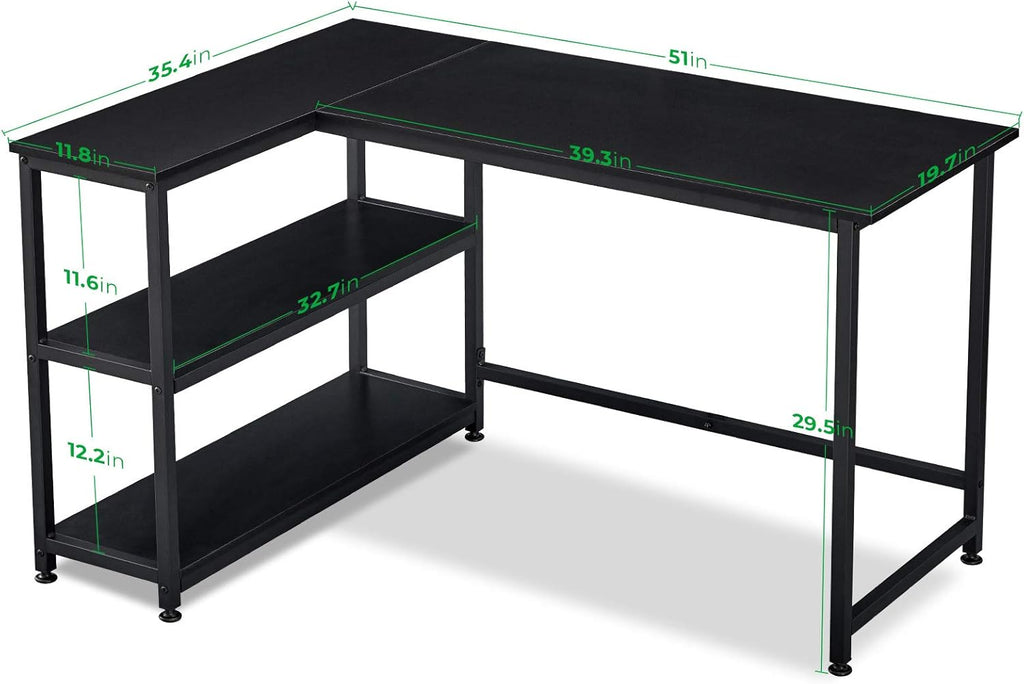 Craques L shaped gaming desk with shelves in black metal frame and spacious surface