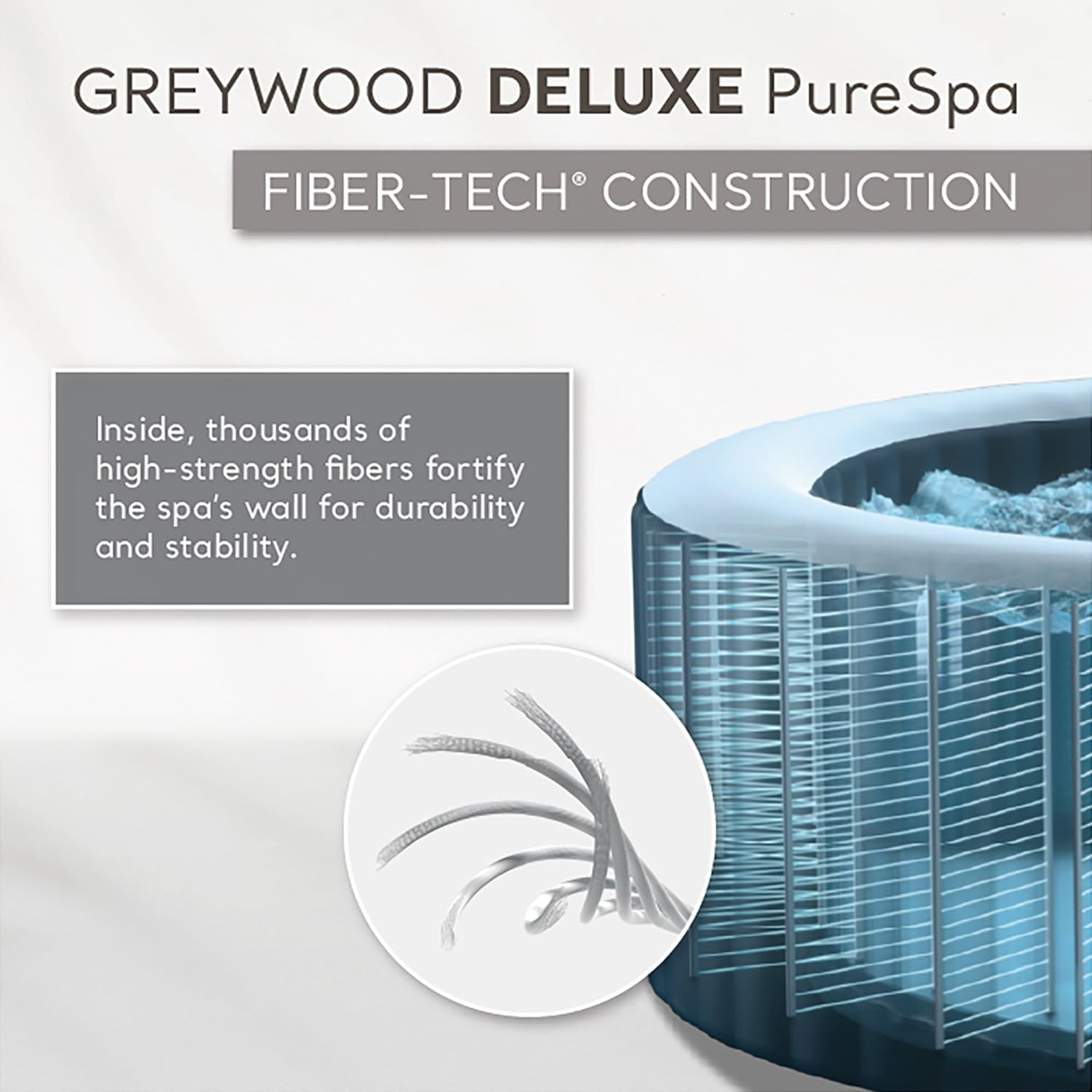 Craques Greywood Deluxe PureSpa outdoor inflatable hot tub showing Fiber-Tech construction for durability