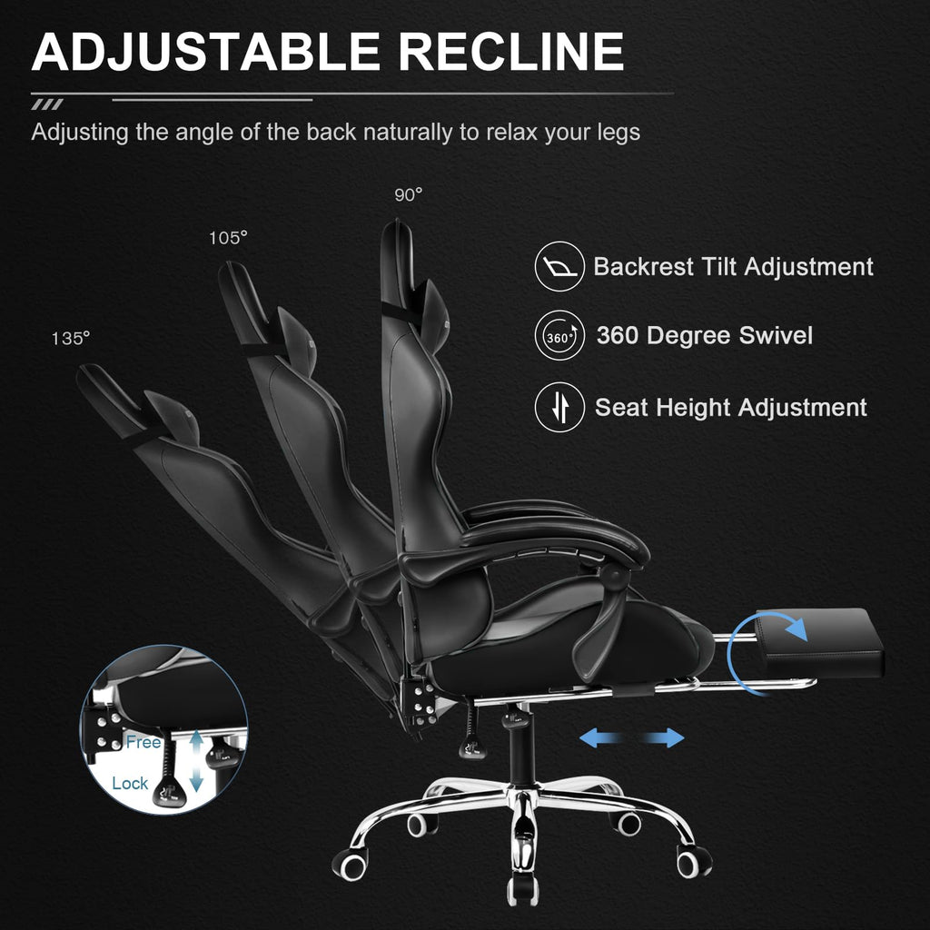Ergonomic gaming chair with footrest showing adjustable recline angles and swivel features