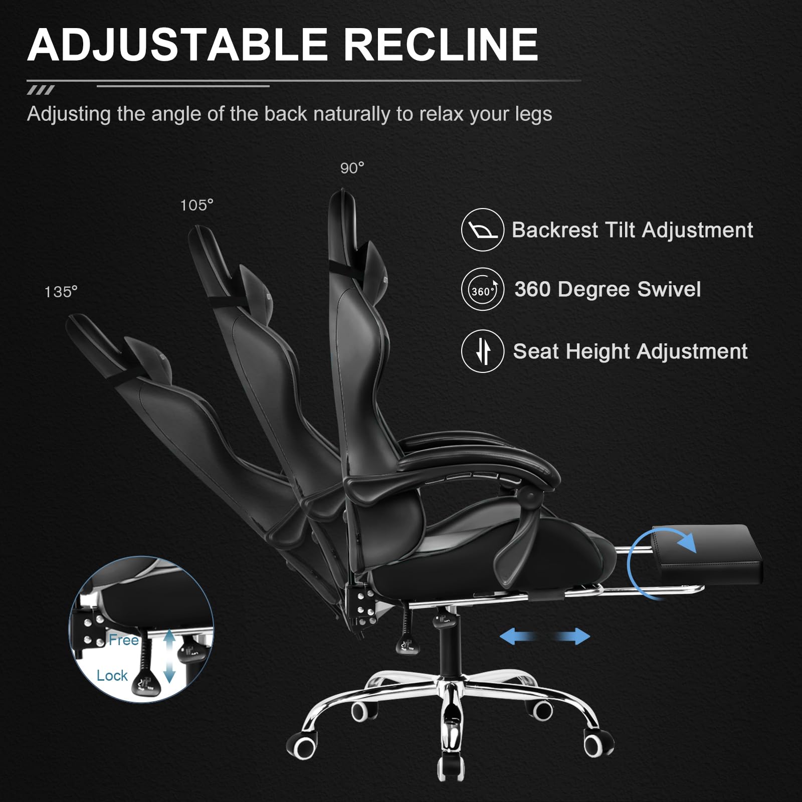 Ergonomic gaming chair with footrest showing adjustable recline angles and swivel features
