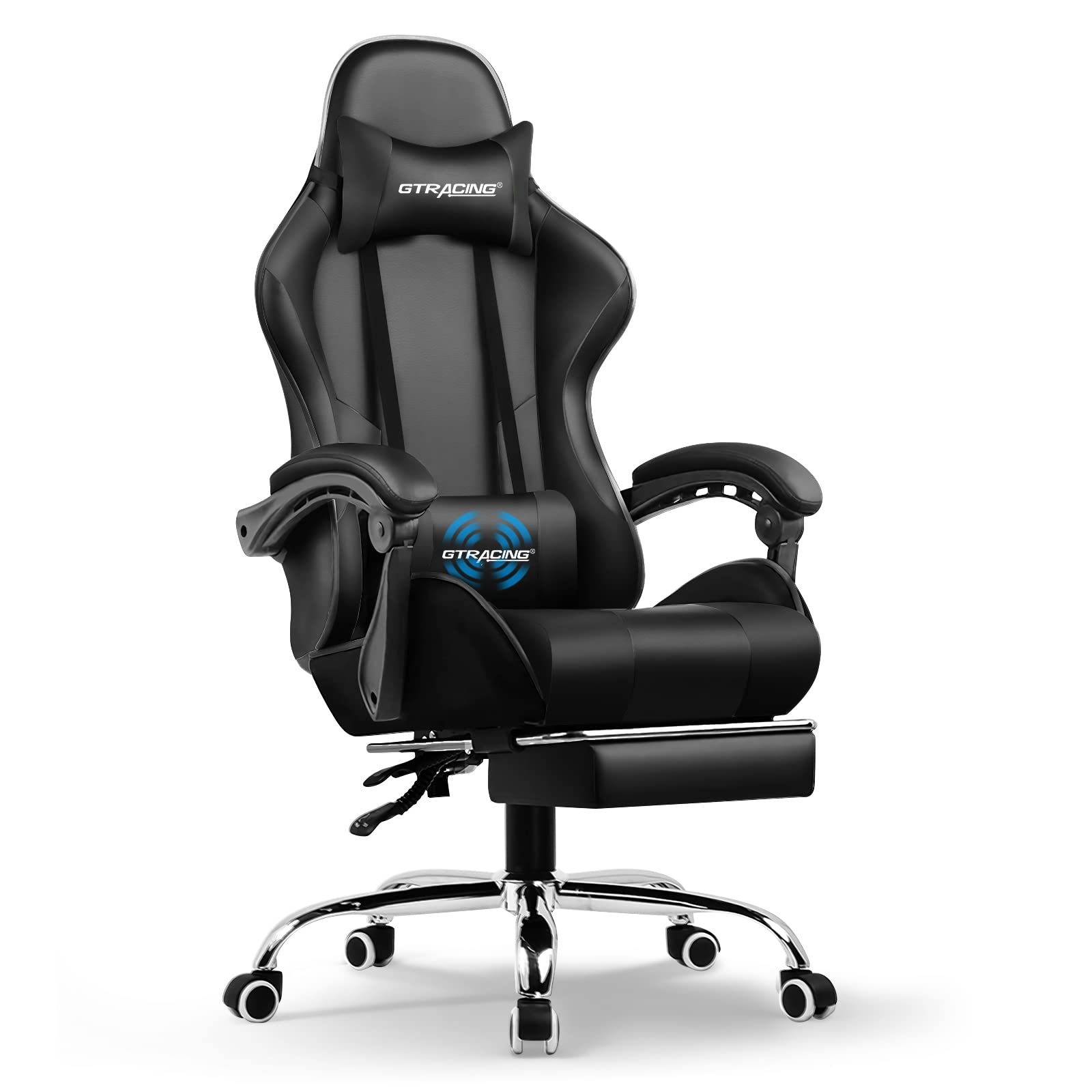 Ergonomic gaming chair with footrest in black leather and adjustable armrests by craques