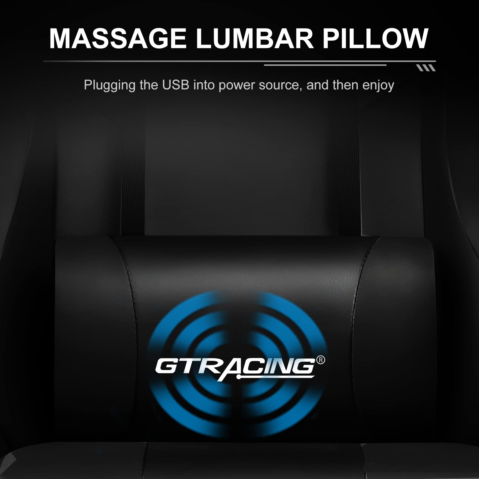 Ergonomic gaming chair with footrest featuring a black massage lumbar pillow with USB power connection