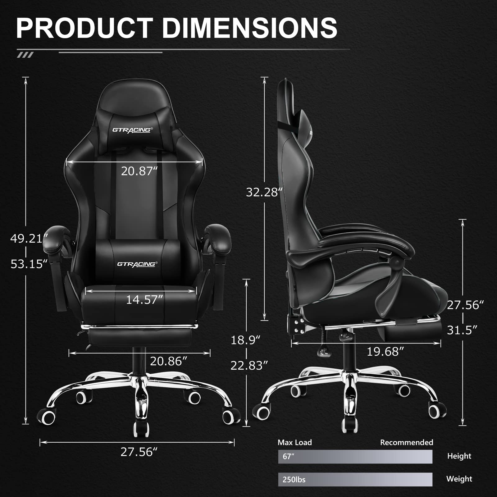 Ergonomic gaming chair with footrest in black showing detailed product dimensions and adjustable features